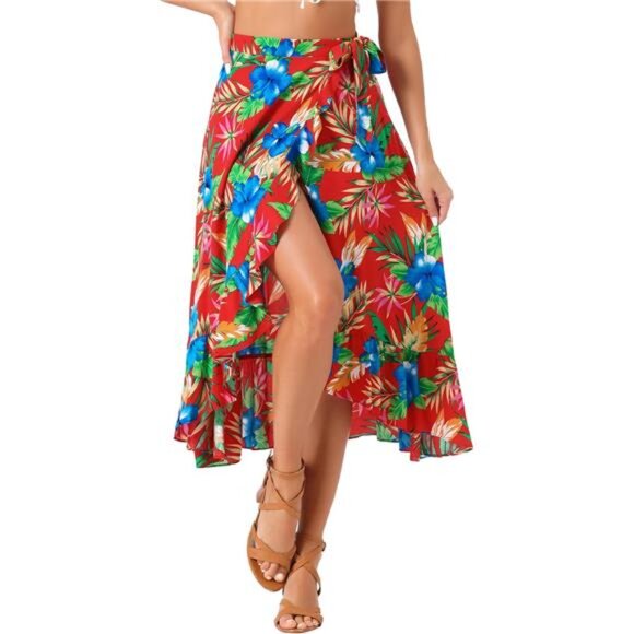 Women's Tropical Floral Print Ruffle Self Tie Knot Skirt 06